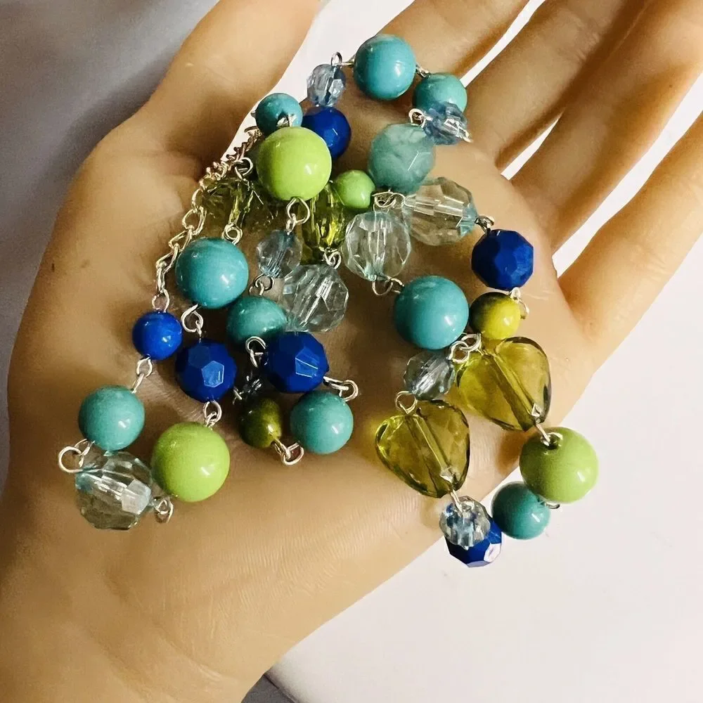 Vintage Necklace Blue Green Shades Beads Silver Tone Glass Heart Accents